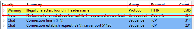 Wireshark Expert Information showing illegal header errors