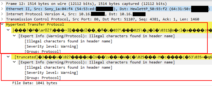 HTTP packet contents showing data corruption